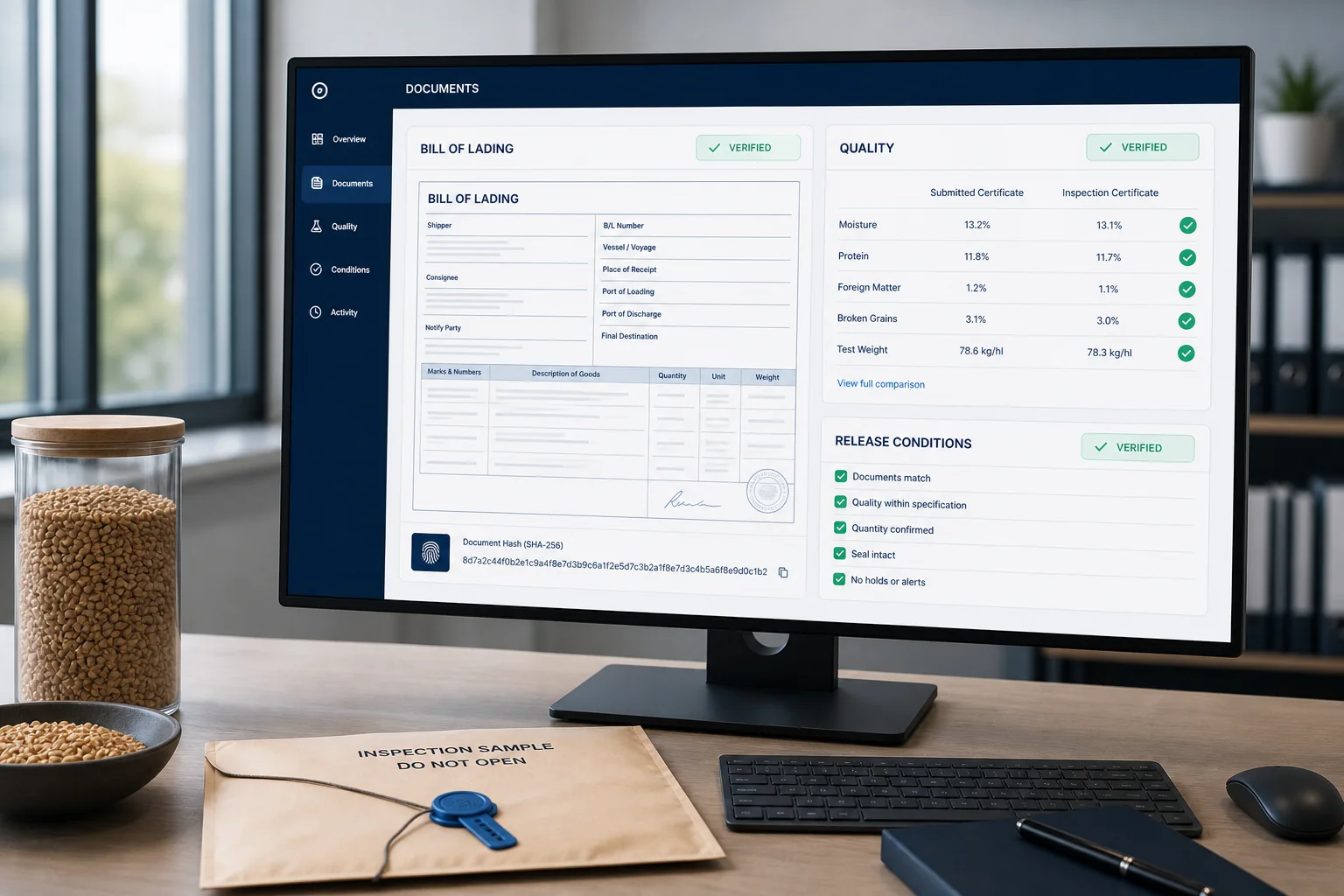 Trade document and quality verification workspace